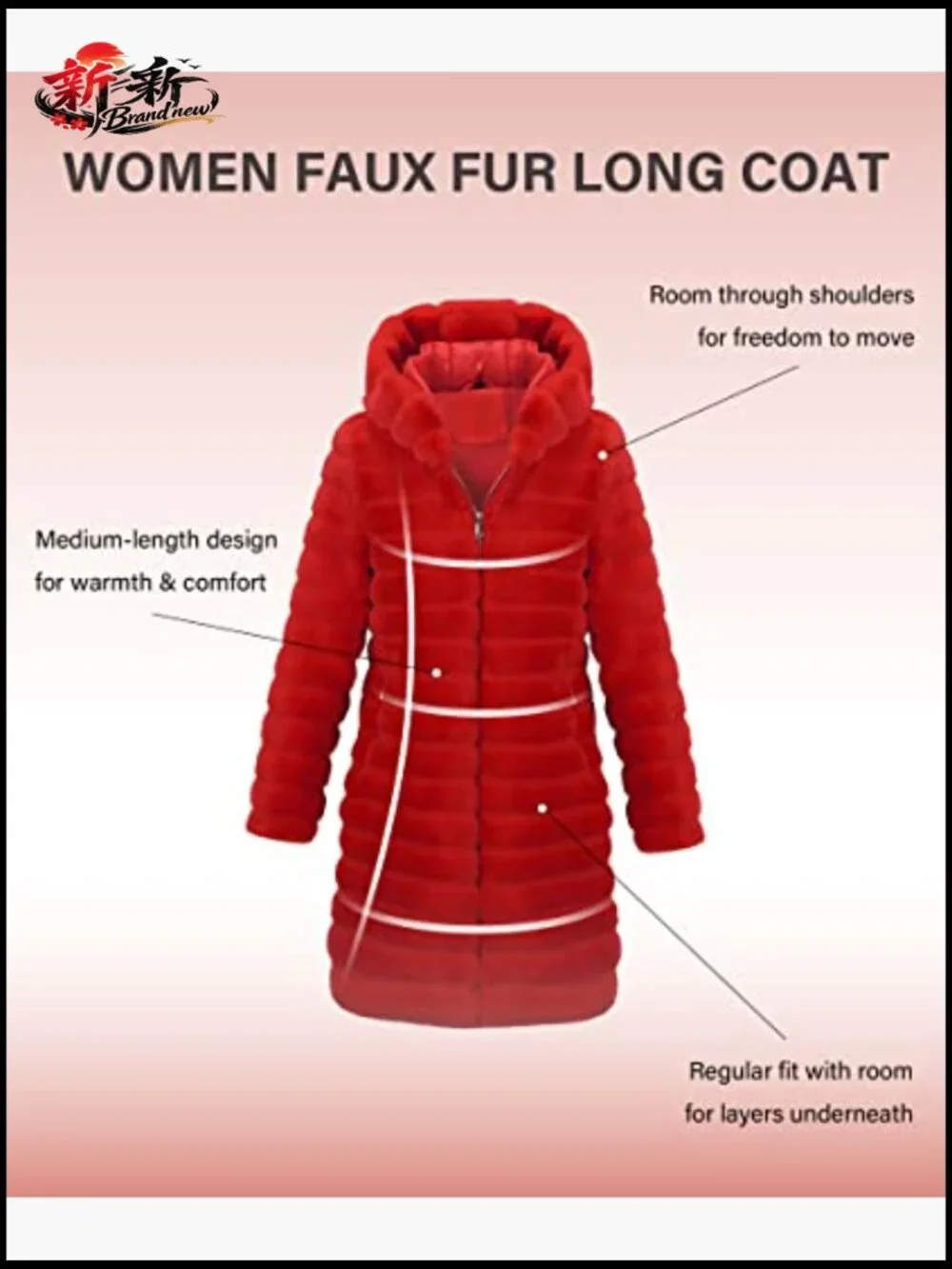 Long Faux Fur Coat Hooded Zip Up Winter Overcoat - Picture 6 of 7